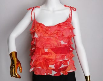 ESCADA Womens Silk Top, Floral Print Chiffon Blouse, Ruffled Summer Crop Top, Y2K Designer Camisole Blouse, Sleeveless Red Tank Top, Size XL