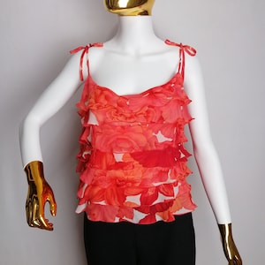 ESCADA Womens Silk Top, Floral Print Chiffon Blouse, Ruffled Summer Crop Top, Y2K Designer Camisole Blouse, Sleeveless Red Tank Top, Size XL