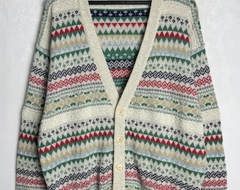 Oversized Mens Cardigan, 80s Cotton Blend Cardigan, Grandpa Oldschool Sweater, Geometric Pattern Cardigan, Colorful Cosby V-Neck Sweater, XL