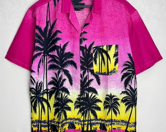 Hawaiian Mens Cotton Shirt, Palm Print Summer Shirt, Tropical Aloha Beach Shirt, Short Sleeve Button Up, Festival Vacation Tiki Shirt, L