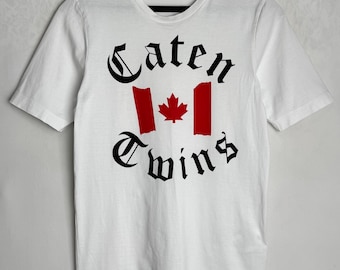 DSQUARED2 Vintage Mens T-Shirt, Caten Twins Canada Flag Graphic Tee, White Cotton Big Logo Shirt, Y2K Streetwear Designer Crewneck Top, XS