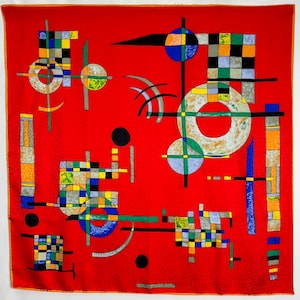 Pañuelo de seda vintage KANDINSKY, pañuelo con estampado artístico estilo Bauhaus, pañuelo grande para la cabeza con diseño geométrico abstracto, chal de seda con pintura modernista, arte para vestir.