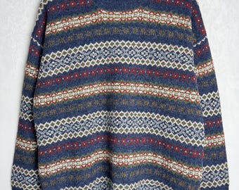 Suéter de mezcla de lana de los 90, jersey de hombre con estampado geométrico, jersey a rayas multicolor, prendas de punto unisex de estilo retro, suéter del abuelo Cosby, L