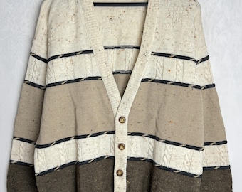 Mens V-Neck Cardigan, 90s Wool Blend Cardigan, Grandpa Oldschool Sweater, Geometric Patterned Cardigan, Unisex Oversized Striped Sweater, XL