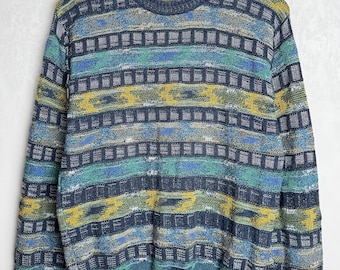 Herren Geometrisches Muster Pullover, 80er Jahre Grandpa Pullover, Bunt Gestreifte Strickmode, Unisex Cosby Rundhalspullover, Oldschool Baumwollpullover, M