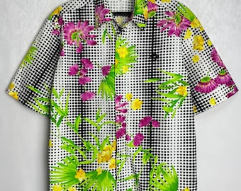 JEANS COUTURE Vintage Mens Cotton Shirt, 90s Luxury Designer Floral Summer Shirt, Multicolor Polka Dot Pattern Button Up, Made In Italy, M