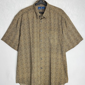 90s Mens Silk Shirt, Geometric Print Button Down, Pure Silk Patterned Shirt, Oversize Short Sleeve Shirt, Summer Vacation Relaxed Shirt, XXL