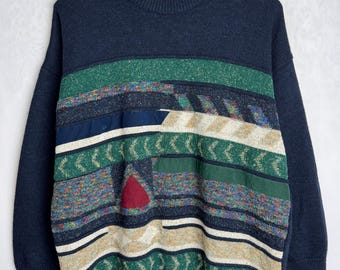 Maglione in misto lana anni '80, pullover da uomo con motivo geometrico, maglione retrò oversize, maglieria unisex old school, maglione nonno Cosby, XL