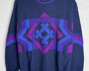 100% Alpaca Peruvian Sweater, Mens Geometric Pattern Pullover, Soft Knit Inca Jumper, Grandpa Cosby Sweater, Unisex Oldschool Knitwear, M