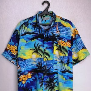 Hawaiian Mens Shirt, Floral Print Summer Shirt, Tropical Aloha Beach Shirt, Short Sleeve Button Down, Festival Vacation Tiki Shirt, Size L