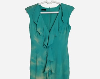 ESCADA Vintage Seidenkleid 90er Designer Krawatte Dye Pure Silk Midi Kleid Damen Ärmellos Türkis Sommerkleid