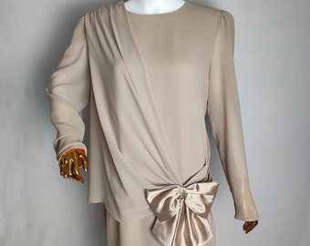 Vestido EMILIO PUCCI de los años 80, vestido drapeado con lazo grande, vestido midi de diseñador italiano, vestido de noche de manga larga, vestido retro de poliéster con hombreras, XL