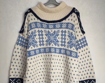 Norwegian Mens Wool Sweater, 80s Nordic Folk Sweater, Scandinavian Pattern Jumper, Hand Knit Wool Knitwear, Warm Winter Sweater, Size XL