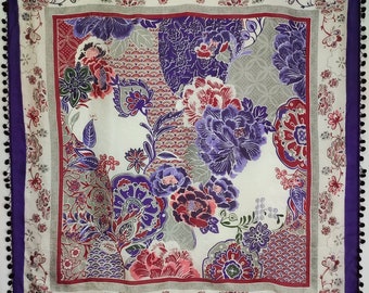 Floral Silk Square Scarf, Large Colorful Head Scarf, Unique Multicolor Silk Shawl, Floral Print Wrap Scarf, Silk Accessories, Gift For Her