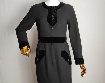 VALENTINO BOUTIQUE Wool Dress, 80s Italian Designer Couture Dress, Vintage Black Velvet Midi Dress, Classic Long Sleeve Pencil Dress, Size S