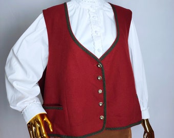 Austrian Loden Wool Vest, Dirndl Sleeveless Jacket, Oktoberfest Burgundy Vest, Trachten Folk Waistcoat, Traditional Tyrolean Vest, Size 4XL