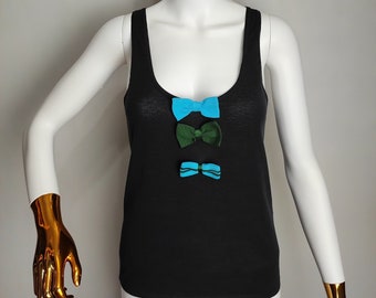 LANVIN PARIS Sleeveless Cotton Top, Bow Tie Black Tank Top, Y2K French Designer Tee, Racerback Summer Top, Womens Basic Clothing, Size S