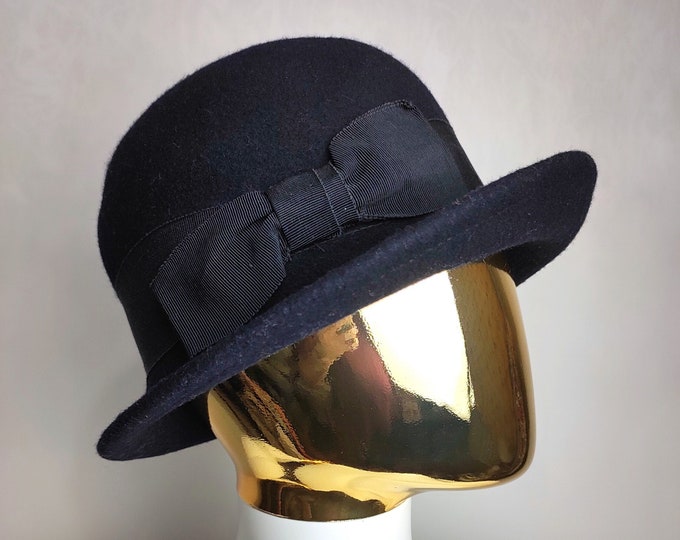 Mod Hat 80s Ladies Wool Hat, Formal Bow Felt Hat, Austrian Navy Blue Hat ...