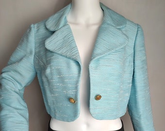 80s Cropped Jacket, Turquoise Open Front Blazer, Womens French Bolero Jacket, Ladies Elegant Retro Blazer, Long Sleeve Tweed Jacket, Size M