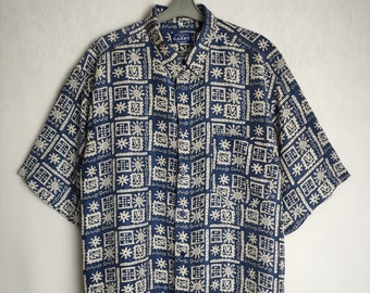 90s Mens Silk Shirt, Geometric Print Button Up, Pure Silk Patterned Shirt, Oversized Short Sleeve Shirt, Summer Vacation Aloha Shirt, Size L