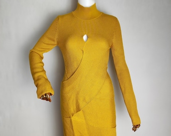 ROBERTO CAVALLI Rib Knit Dress, Mustard Crossover Dress, Y2K Italian Designer Sweater Dress, Wool Keyhole Dress, Long Sleeve Mock Neck, S