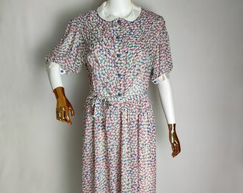 Vestido años 80 estampado floral, vestido vintage acampanado de verano, vestido estampado romántico, vestido midi con cinturón manga abullonada, vestido viscosa hombreras, L