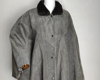 Manteau cape en cuir véritable, veste en daim pour femme des années 90, cape surdimensionnée en daim gris, poncho à col en cuir véritable, veste en cuir bohème, taille XL