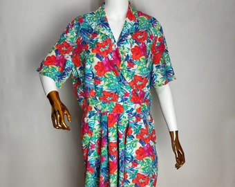 Vintage Floral Jumpsuit, 80s Wide Leg Jumpsuit, Floral Print Viscose Romper, One Piece Summer Jumpsuit, Colorful Hawaiian Oversized Jumpsuit
