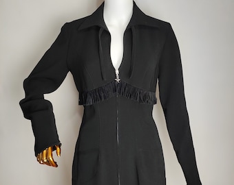THIERRY MUGLER Iconic Star Dress, 90s French Designer Black Dress, Haute Couture Runway Dress, Fringed Long Sleeve Collared Midi Dress, S