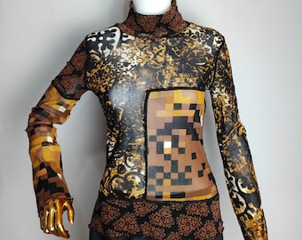 MARC AUREL Mesh Top, Y2K Sheer Blouse, 90s Geometric Print Top, Long Sleeve Turtleneck Top, Fishnet See Through Top, Womens Unique Top, S M