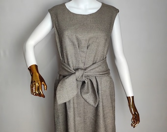 ESCADA Wool Midi Dress, 90s Margaretha Ley Sleeveless Dress, Tie Belt Office Dress, Y2K Designer Clothing, Knee Length Shift Dress, Size L