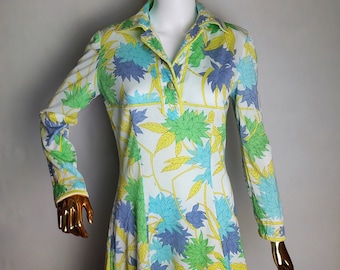 Vestido EMILIO PUCCI de los años 60, vestido con estampado floral de diseñador, vestido retro de algodón psicodélico, vestido midi con cuello de manga larga, hecho en Italia, talla L