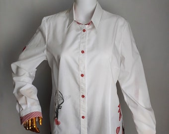 Austrian Deer Shirt, Trachten Dirndl Blouse Top, Edelweiss Folk Button Up, Oktoberfest Tyrol Blouse, German Bavarian Alpen Shirt, Size S, XL