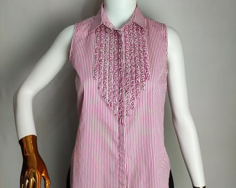 RALPH LAUREN Sleeveless Cotton Blouse, 90s Womens Polo Top, Striped Pink Button Up Shirt, Ruffled Summer Blouse, 1990s Casual Clothing, S