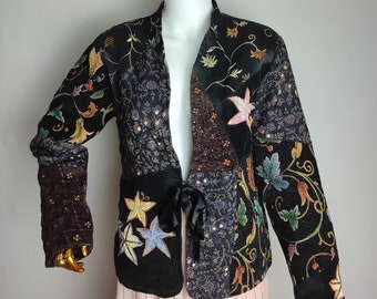 INDIGO MOON Patchwork Jacket, Womens Floral Boho Jacket, 90s Tapestry Artsy Blazer, Festival Embellished Sequin Jacket, Unique Wearable Art
