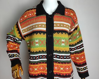 Cárdigan de mezcla de lana de los años 80, suéter vintage de gran tamaño para mujer, cárdigan a rayas con patrón geométrico, suéter boho de abuela colorido de la vieja escuela, XL