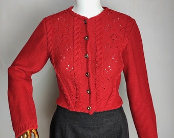 Austrian Wool Knit Cardigan, Red Dirndl Cardigan, Traditional Trachten Sweater, Oktoberfest Tyrol Cardigan, Bavarian Alpen Folk Knitwear, XS