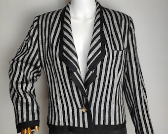 LOUIS FERAUD Wool Jacket, 80s French Fashion Designer Blazer, Black & White Classic Striped Jacket, Haute Couture Retro Blazer, Size 12