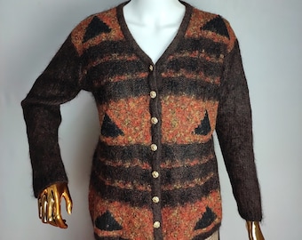 80er Jahre Mohair Wolle Strickjacke, Geometrische Merino Wolle Strickjacke, Geometrischer Mohair Pullover, Flauschiger Weicher Strick Pullover, Made In Italy, Größe M