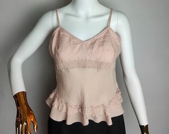 ALAIN MANOUKIAN Camisole Top, Top de tirantes de espagueti de lino y seda, Camisola sin mangas rosa pastel para mujer, Top de verano de diseñador francés de los años 90, M