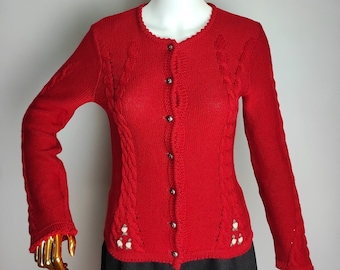 Austrian Wool Knit Cardigan, Red Dirndl Cardigan, Traditional Trachten Sweater, Oktoberfest Tyrol Cardigan, Bavarian Alpine Folk Knitwear, S