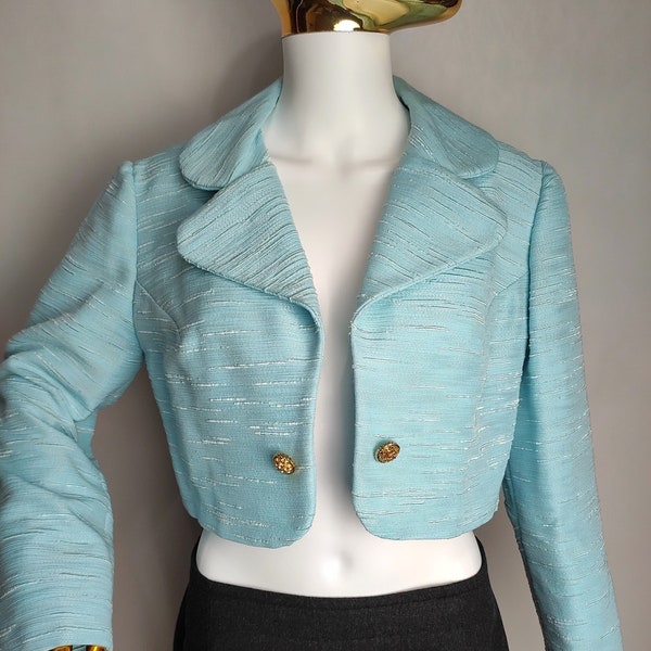 80s Cropped Jacket, Turquoise Open Front Blazer, Womens French Bolero Jacket, Ladies Elegant Retro Blazer, Long Sleeve Tweed Jacket, Size M