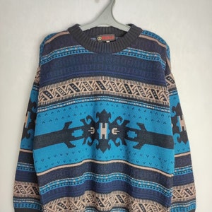 90s Wool Blend Sweater, Mens Geometric Patterned Pullover, Oversized Retro Jumper, Unisex Oldschool Knitwear, Grandpa Cosby Sweater, Size M