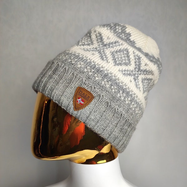 Chapeau en laine DALE OF NORWAY, chapeau bonnet scandinave, chapeau à motif nordique des années 90, chapeau unisexe Fair Isle, chapeau tricoté en flocon de neige, cadeau d’hiver de Noël