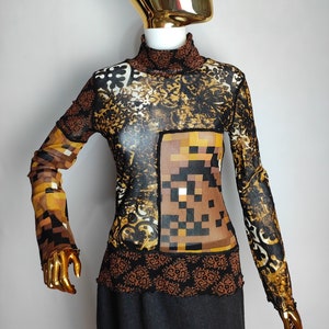 MARC AUREL Mesh Top, Y2K Sheer Blouse, 90s Geometric Print Top, Long Sleeve Turtleneck Top, Fishnet See Through Top, Womens Unique Top, S M