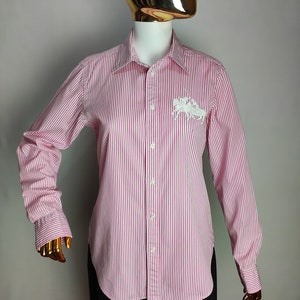 RALPH LAUREN Cotton Shirt, 90s Big Logo Polo Blouse, Striped Pink Button Up Shirt, Womens Long Sleeve Blouse, 1990s Casual Clothing, Size M