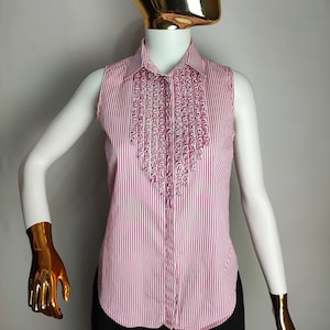 Blusa de algodão sem mangas RALPH LAUREN, blusa polo feminina dos anos 90, camisa listrada rosa com botões, blusa de verão com babados, roupas casuais dos anos 90, S