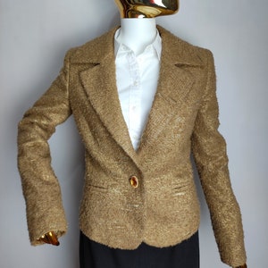 GAI MATTIOLO COUTURE Chaqueta dorada brillante, blazer de tweed de lana de diseñador italiano de los años 90, chaqueta de fiesta de noche de Lurex metálico, hecha en Italia, talla S