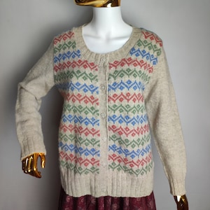 80s Hand Knit Wool Cardigan, Geometric Pattern Sweater, Nordic Wool Cardigan, Scandinavian Fair Isle Jumper, Norway Warm Winter Knitwear, L