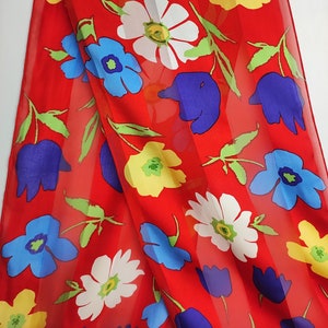 Floral Print Silk Scarf, Colorful Silk Neck Scarf, Long Chiffon Scarf, Hand Rolled Summer Scarf, Pure Silk Accessories, Unique Gift For Her